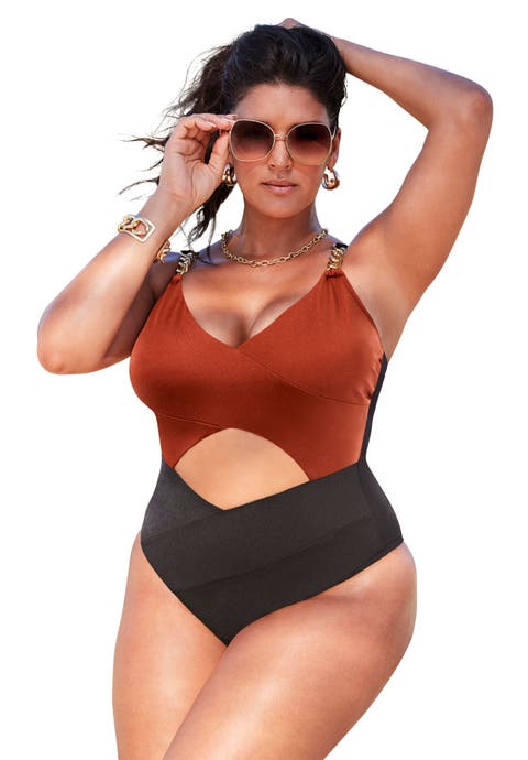 Shimmer Chain Accent Cut Out One Piece Swimsuit