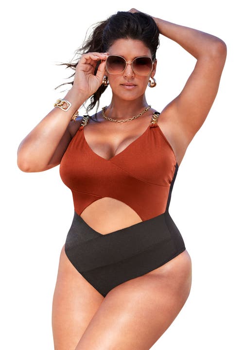 Swimsuits For All Shimmer Chain Accent Cut Out One Piece Swimsuit In Orange