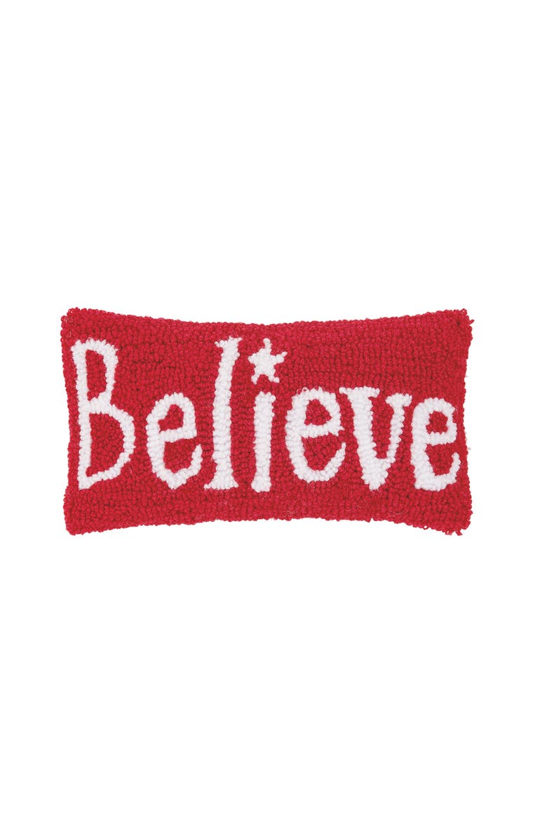 C&F Home Christmas "Believe" Small/Petite Hooked Accent Pillow, 6" x 12", Main, color, Red