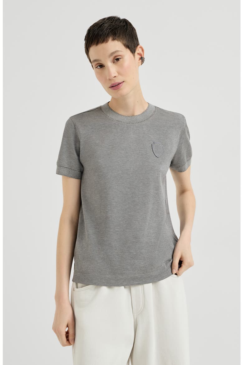 Stretch cotton piqué t-shirt with sparkling cotton knit inserts and logo, Main, color, Dark Grey