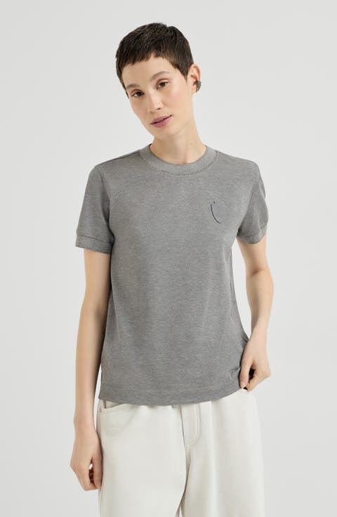 Stretch cotton piqué t-shirt with sparkling cotton knit inserts and logo