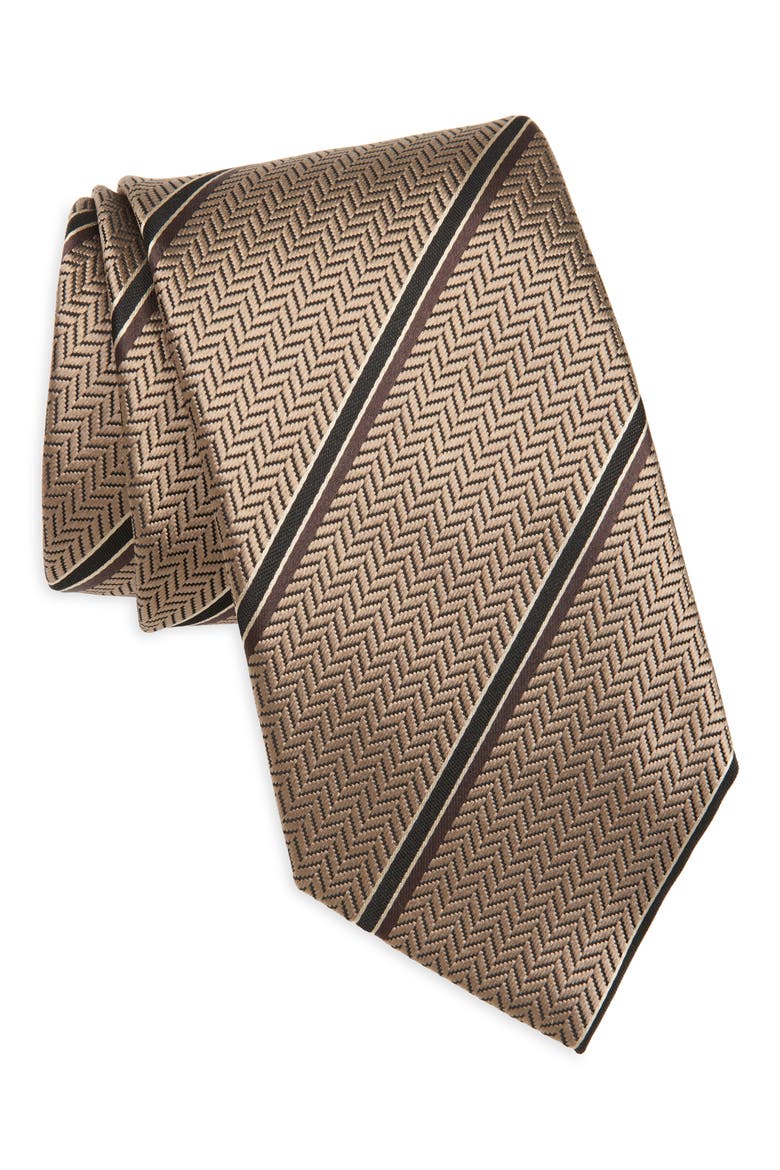 Stripe Herringbone Mulberry Silk Tie, Main, color, BEIGE