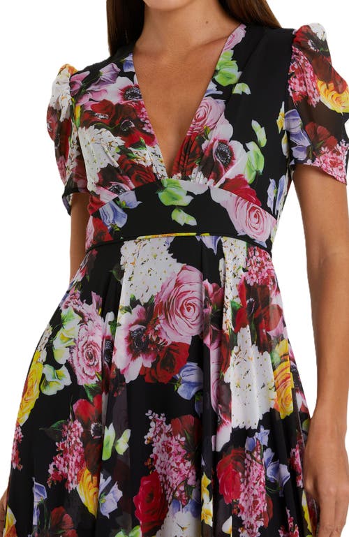 Mac Duggal Floral Print Mesh Cap Sleeve Gown In Black Multi