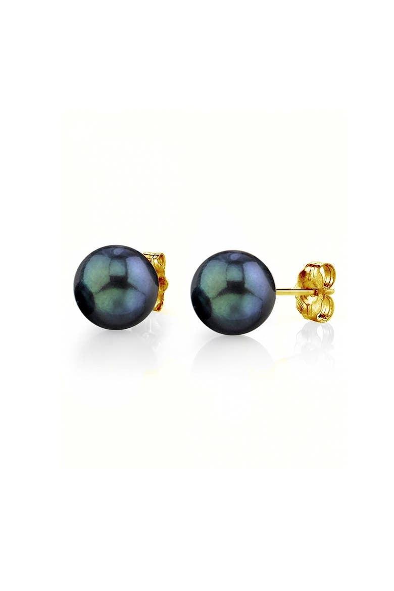 6.0-6.5mm Black Akoya Round Pearl Stud Earrings, Main, color, Yellow Gold