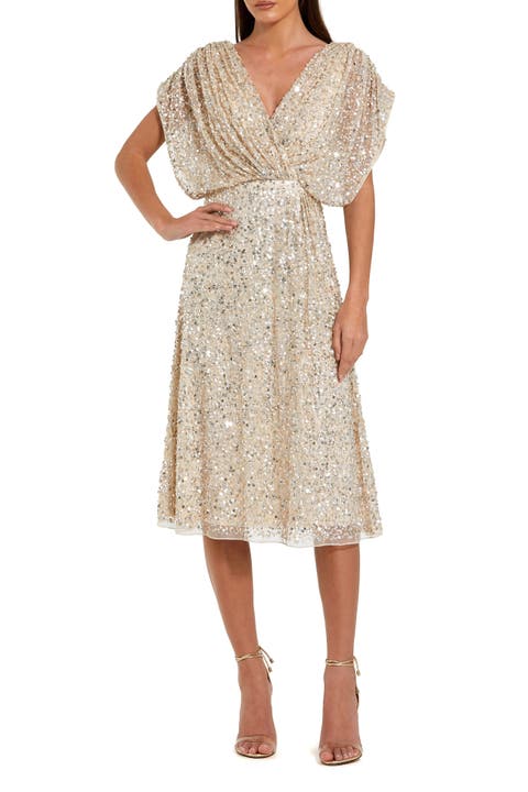 Sequin Draped Sleeve V-Neck Midi Dress