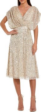 Mac Duggal Sequin Draped Sleeve V-Neck Midi Dress