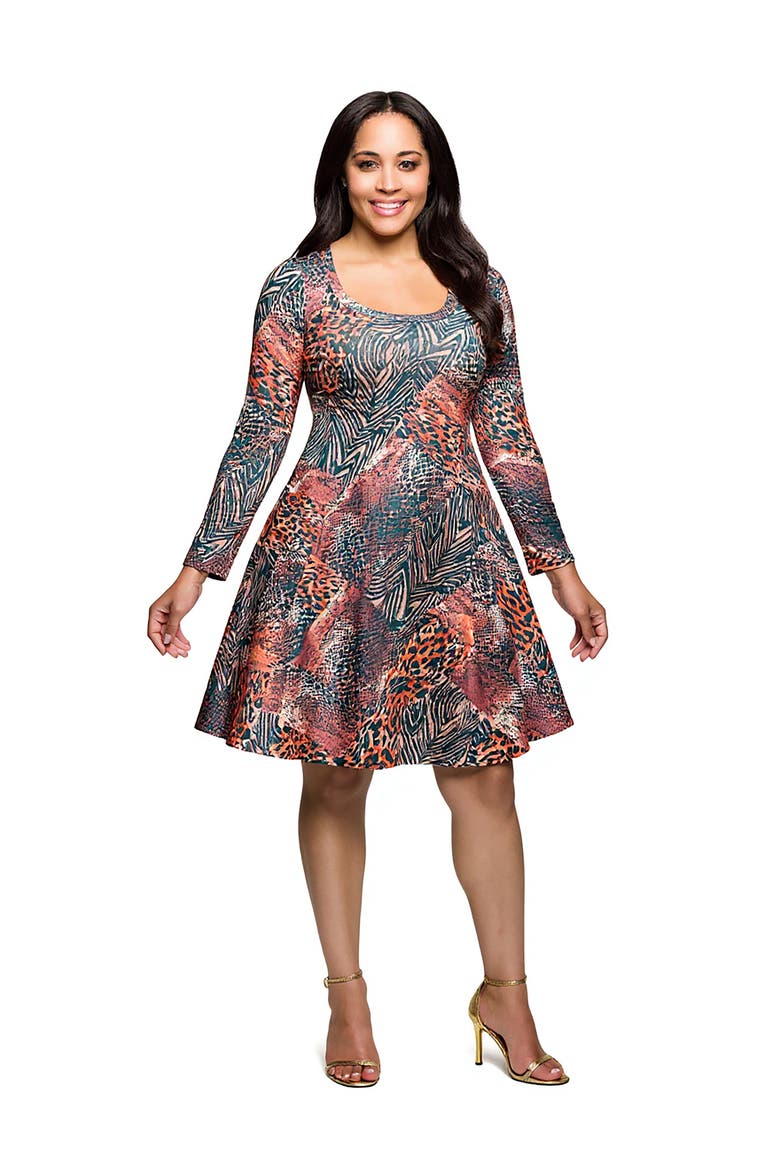 Long Sleeve Fit and Flare Dress in Multi Animal Print, Alternate, color, Brown Multi