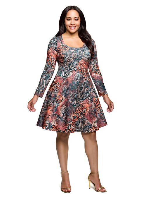 24seven Comfort Apparel Plus Size Long Sleeve Fit And Flare Dress In Multi