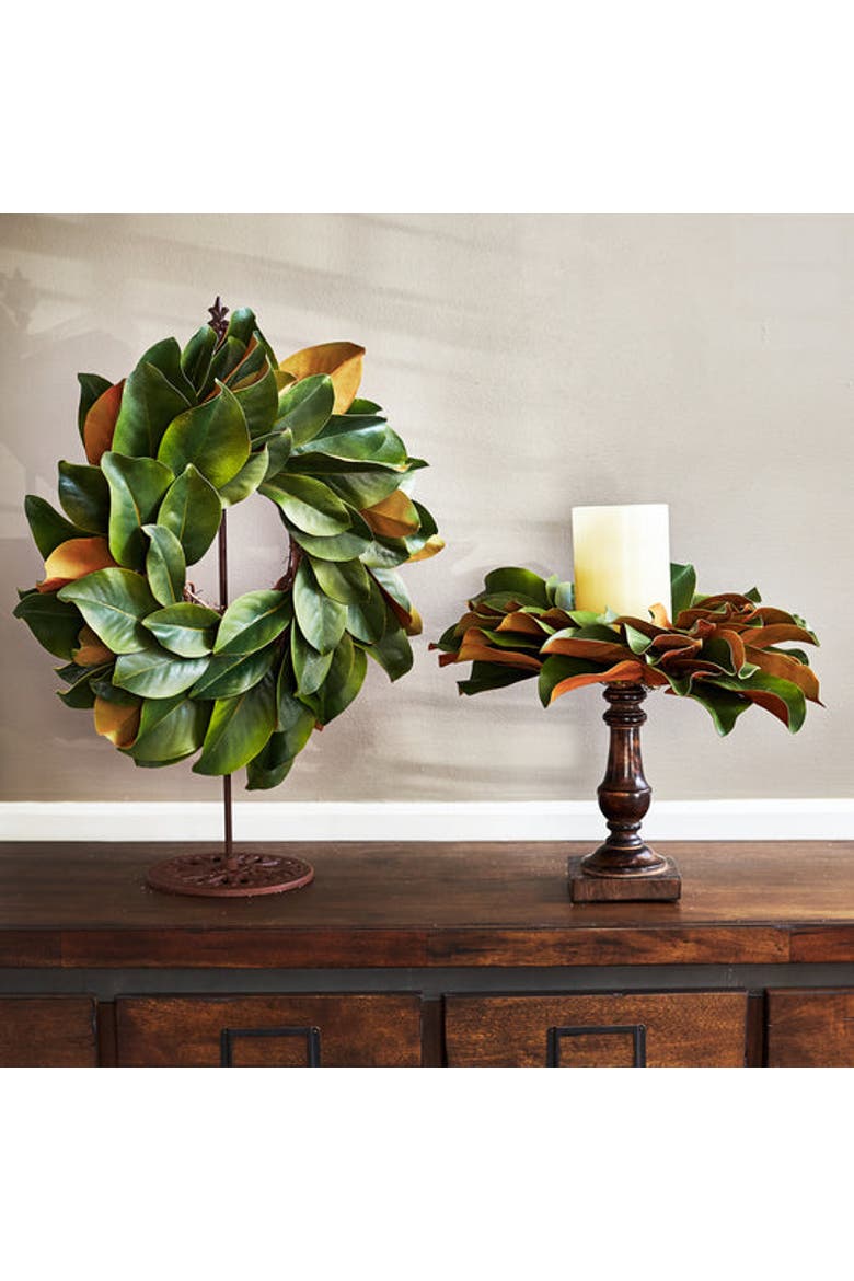 Real Touch Magnolia Leaf Mini Wreath, Alternate, color, Green 15"