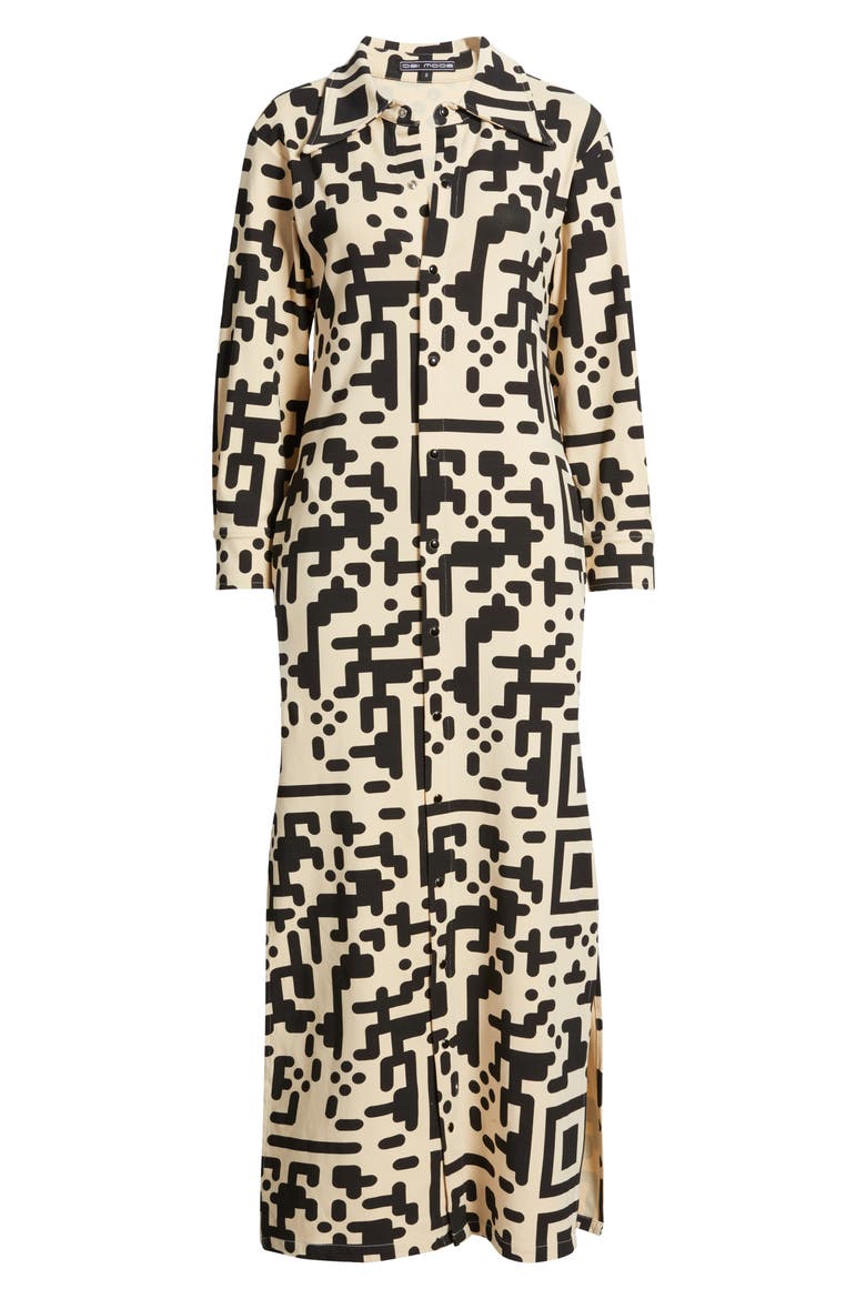 QR Print Front Snap Midi Dress, Alternate, color, BEIGE