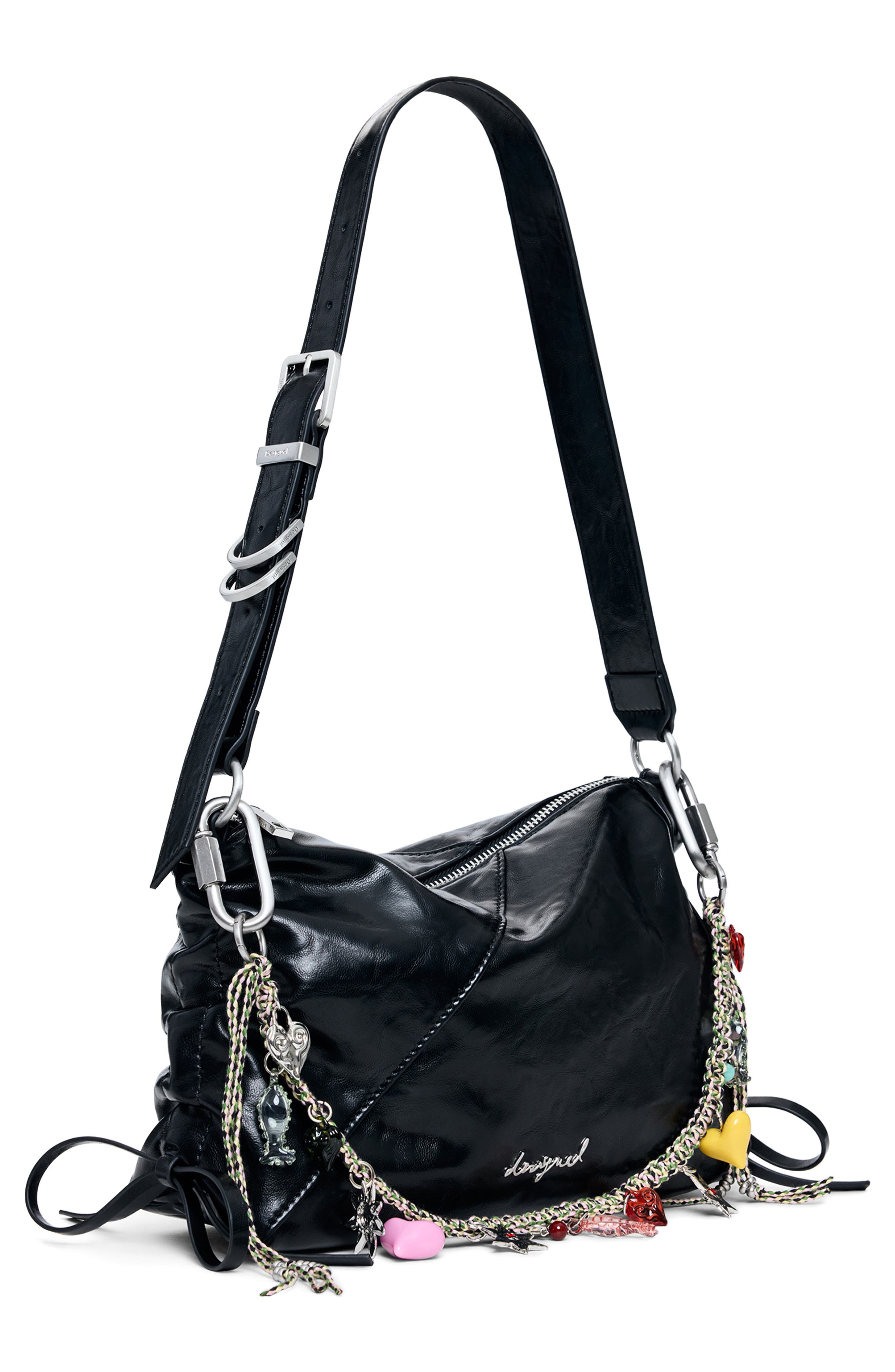 Desigual Charm Strap Faux Leather Shoulder Bag, Alternate, color, Black