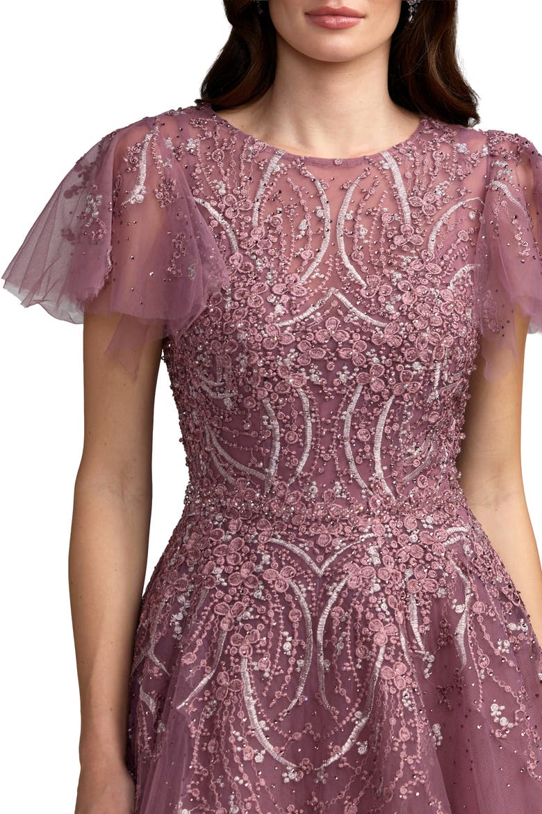 Beaded Embroidered Tulle Flutter Sleeve Ball Gown, Alternate, color, Wisteria