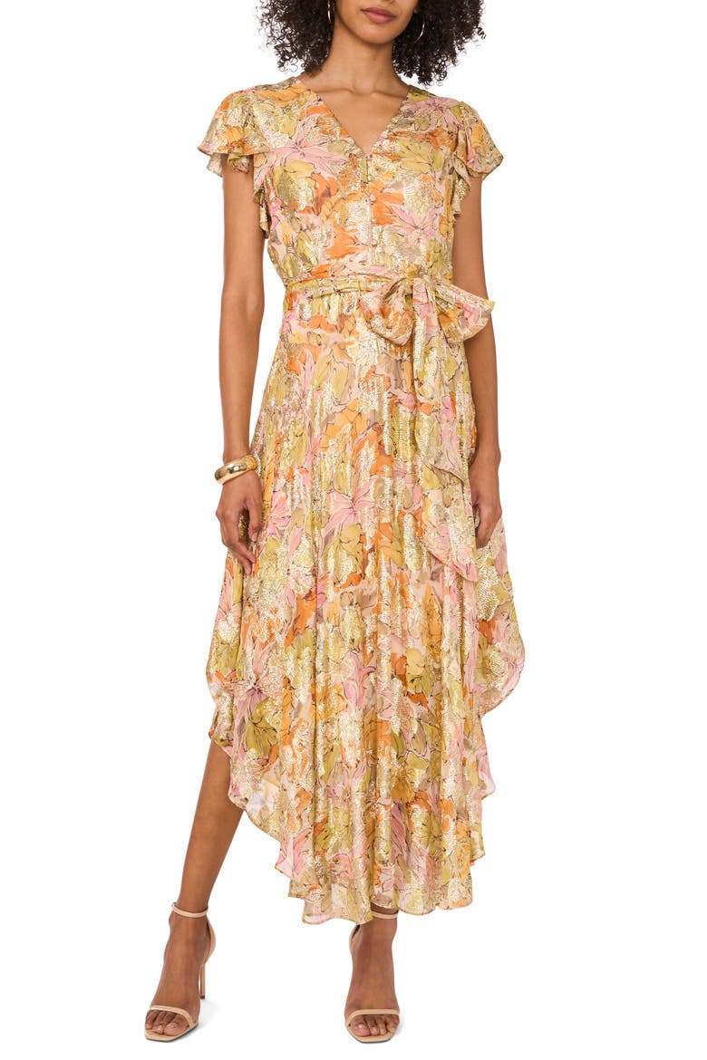 Metallic Floral Asymmetric Hem Dress, Main, color, CRUSHED ORANGE