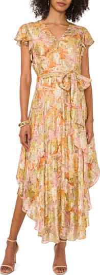 Metallic Floral Asymmetric Hem Dress