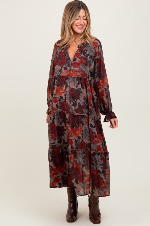 Pinkblush Floral Chiffon Ruffle Tiered Midi Dress In Brown