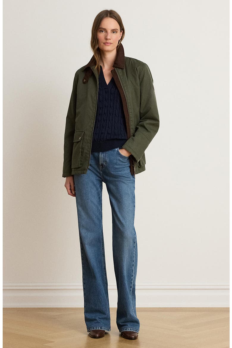 Waxed Raincoat with Corduroy Trim, Alternate, color, OLIVE FERN