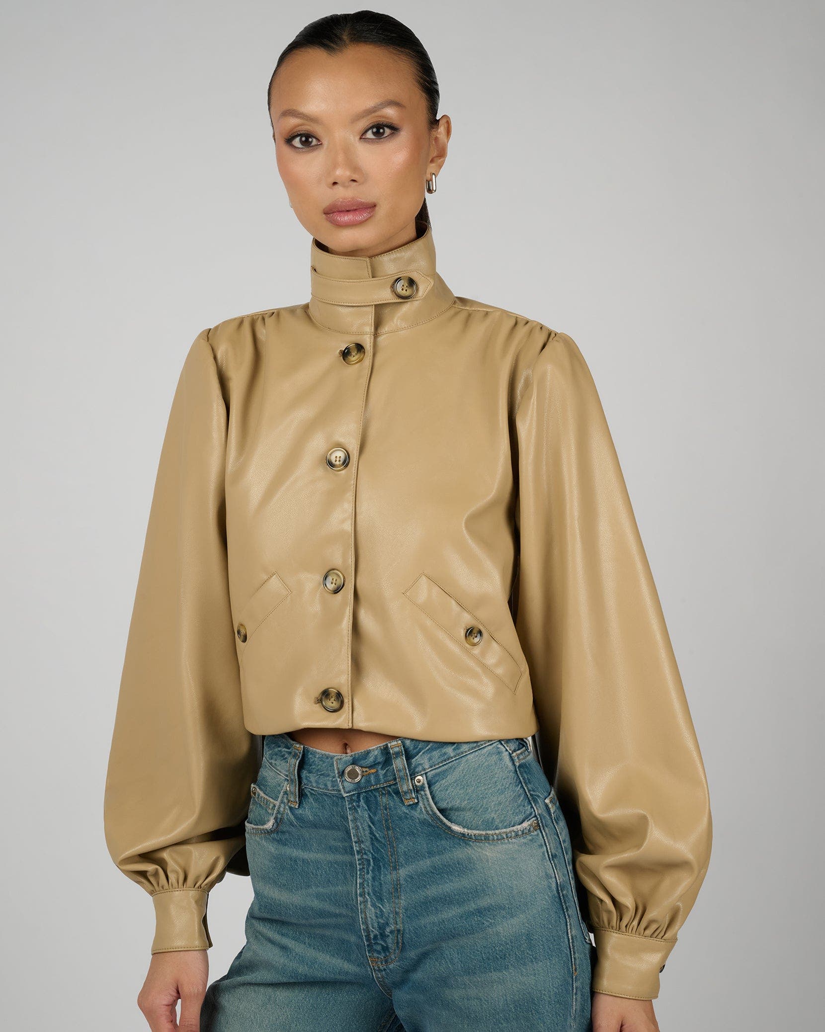 Balloon Sleeve Stand Collar Jacket