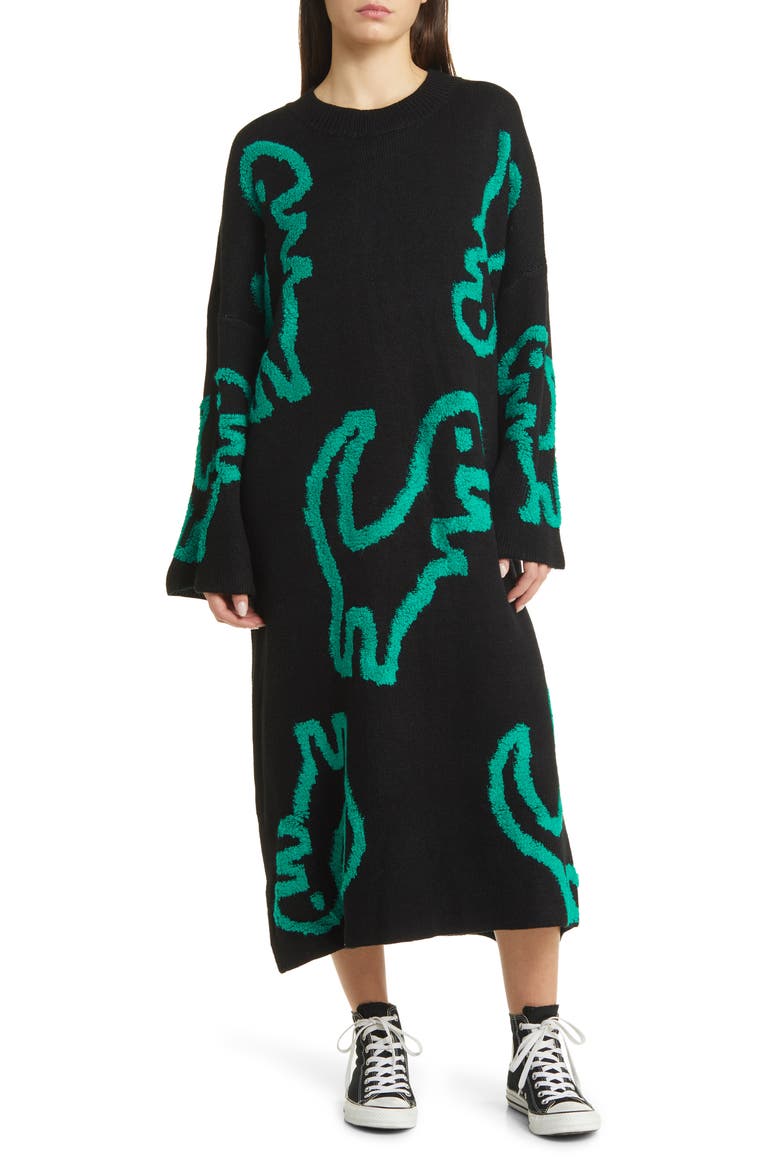 Rawr Means I Love You Long Sleeve Oversize Sweater Dress, Main, color, BLACK