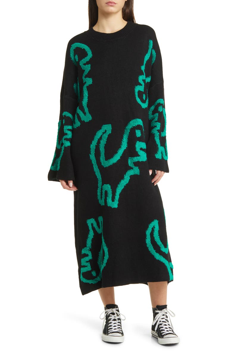Dressed in Lala Rawr Means I Love You Long Sleeve Oversize Sweater Dress, Main, color, Black