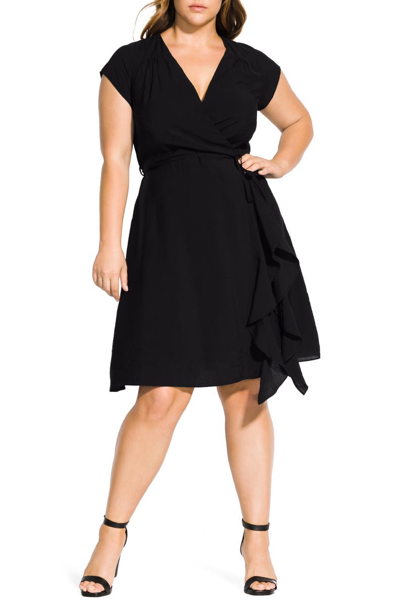 City Chic Ruffled Satin Faux Wrap Dress, Main, color,