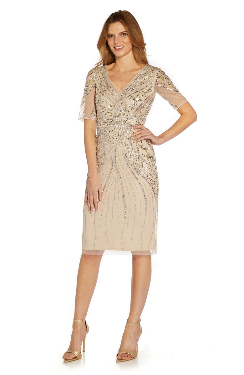 Adrianna Papell Beaded Sequin V-Neck Cocktail Midi Dress, Alternate, color, 