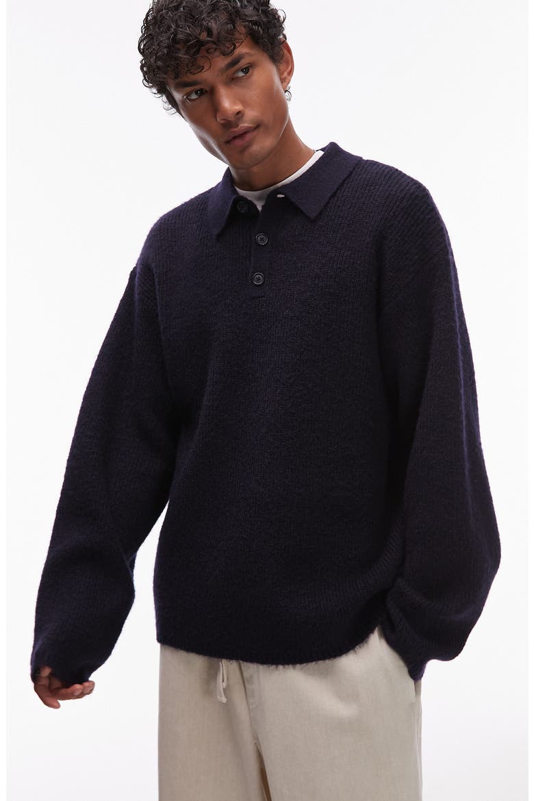 Oversize Long Sleeve Sweater Polo, Main, color, NAVY