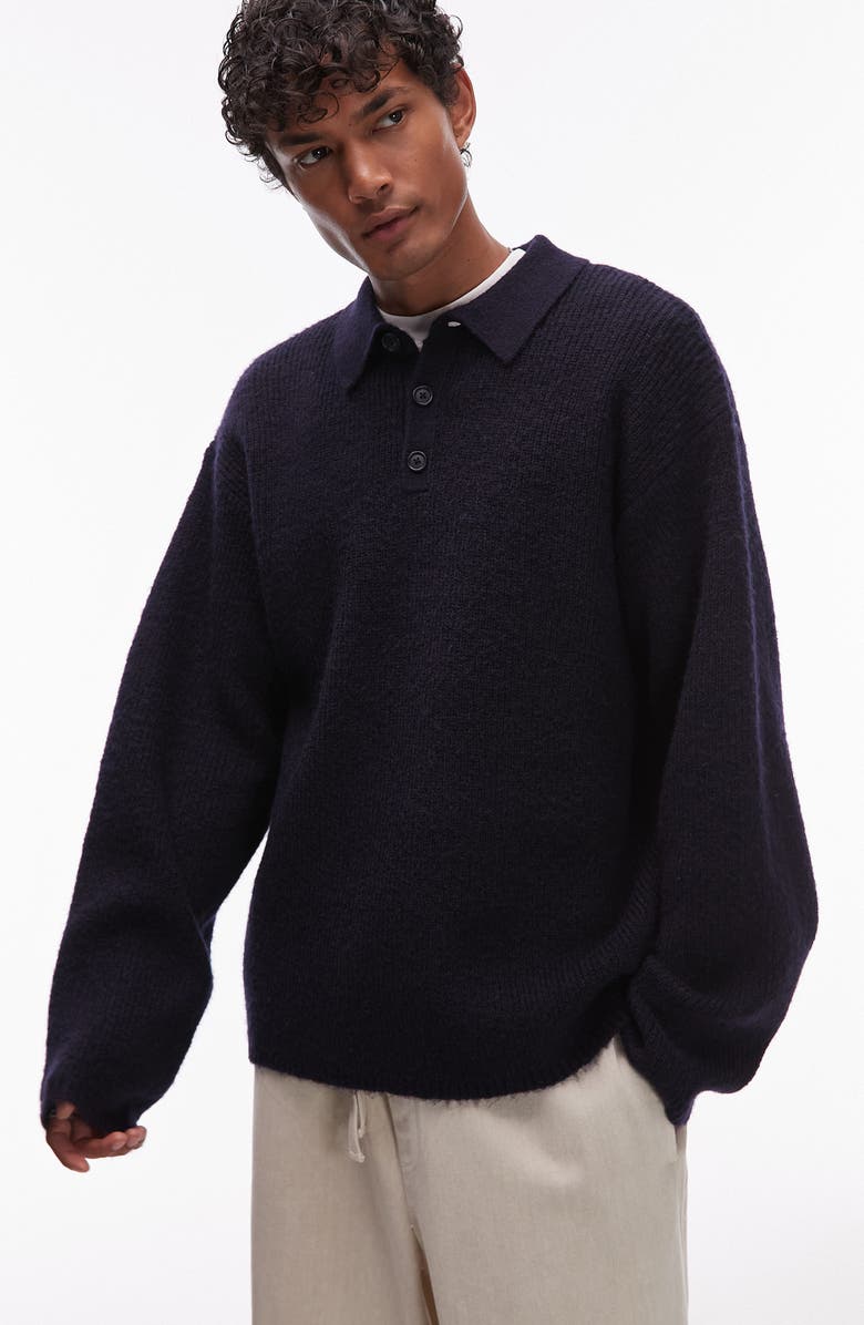Topman Oversize Long Sleeve Sweater Polo, Main, color, Navy