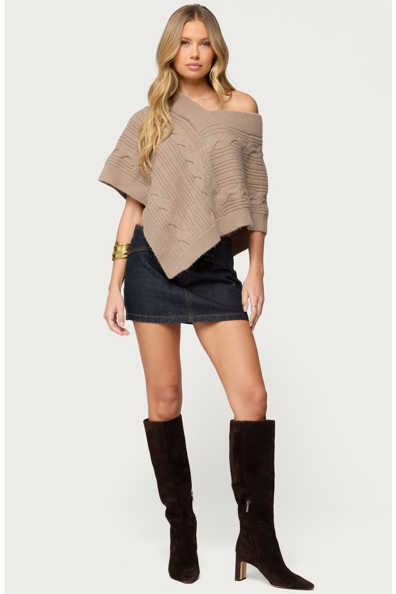 Vickey Cable Stitch One-Shoulder Poncho, Alternate, color, BROWN