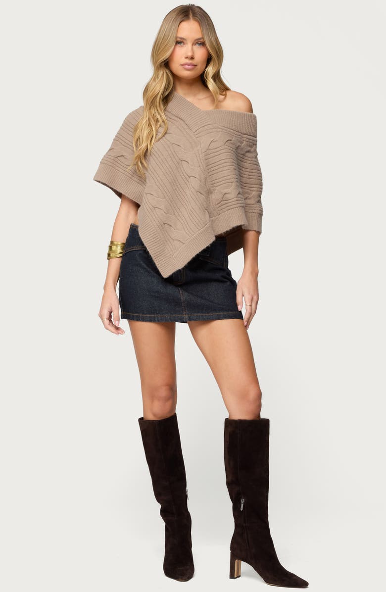 EDIKTED Vickey Cable Stitch One-Shoulder Poncho, Alternate, color, Brown