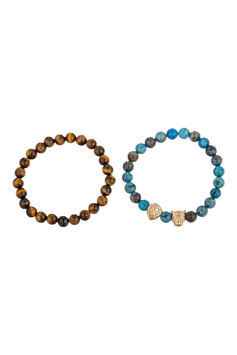 Men's Set of 2 Lion Leopard Agate Stretch Bracelets, Main, color, GOLD
