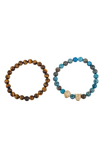 Eye Candy Los Angeles Set Of 2 Lion Leopard Agate Stretch Bracelets In Gold