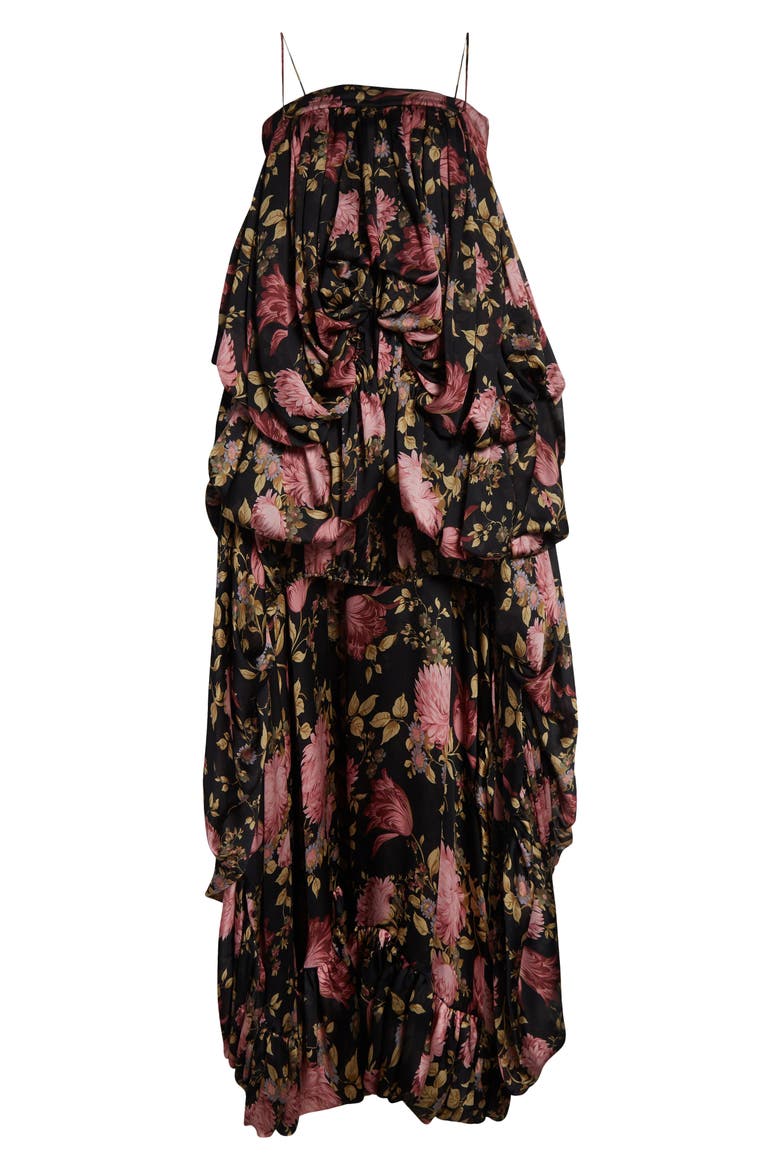 Peony Print Silk Jumpsuit, Alternate, color, BLACK