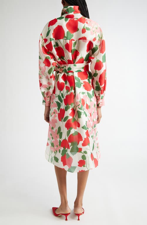 Carolina Herrera Rose Print Oversized Self-belt Midi Shirt Dress In White Multi