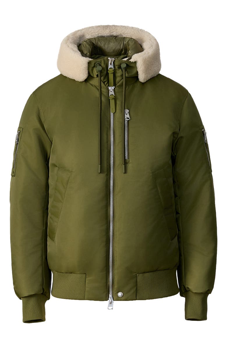 Mackage August Shearling Trim Down Bomber Jacket, Alternate, color, Light Military