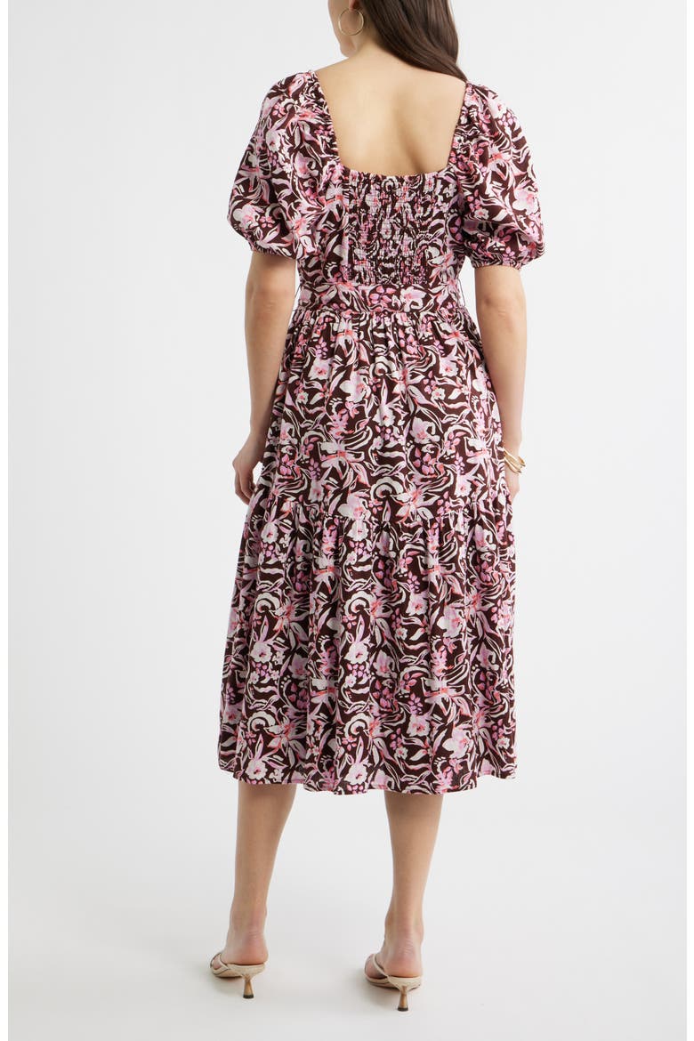 Puff Sleeve Linen Blend Midi Dress, Alternate, color, BROWN CHOCOLATE DAISY GARDEN