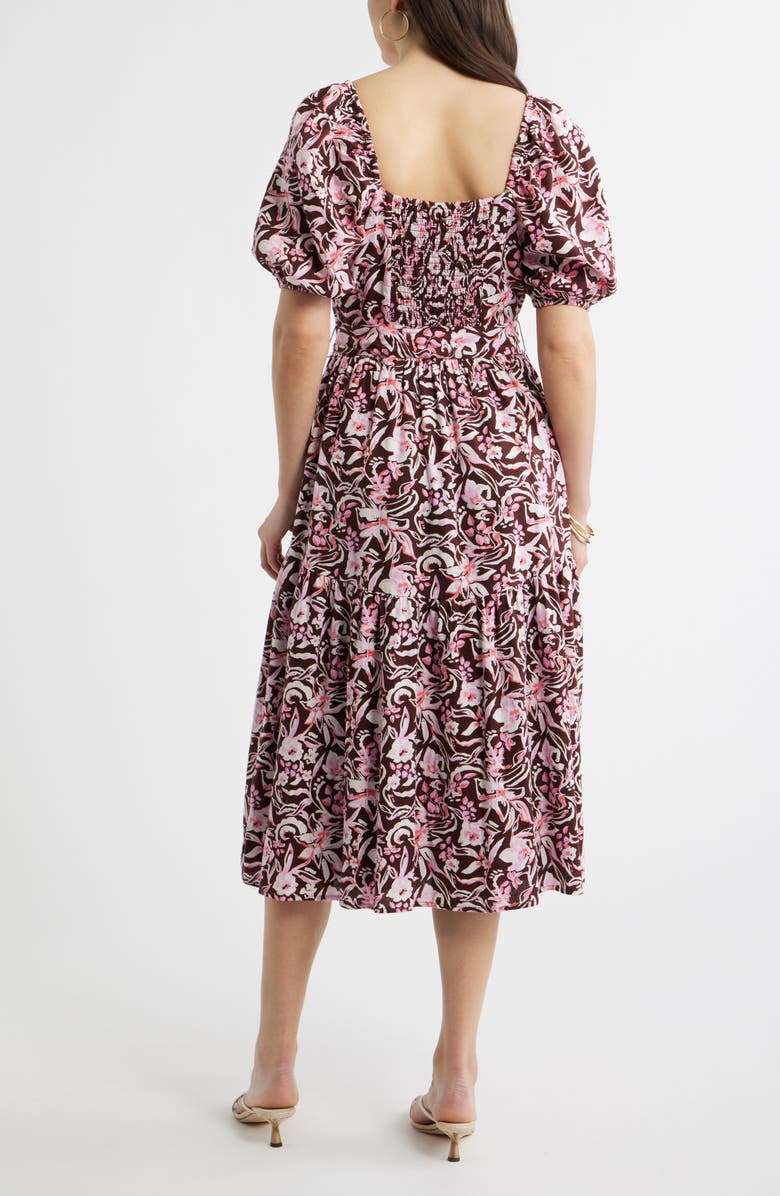Caslon<sup>®</sup> Puff Sleeve Linen Blend Midi Dress, Alternate, color, Brown Chocolate Daisy Garden