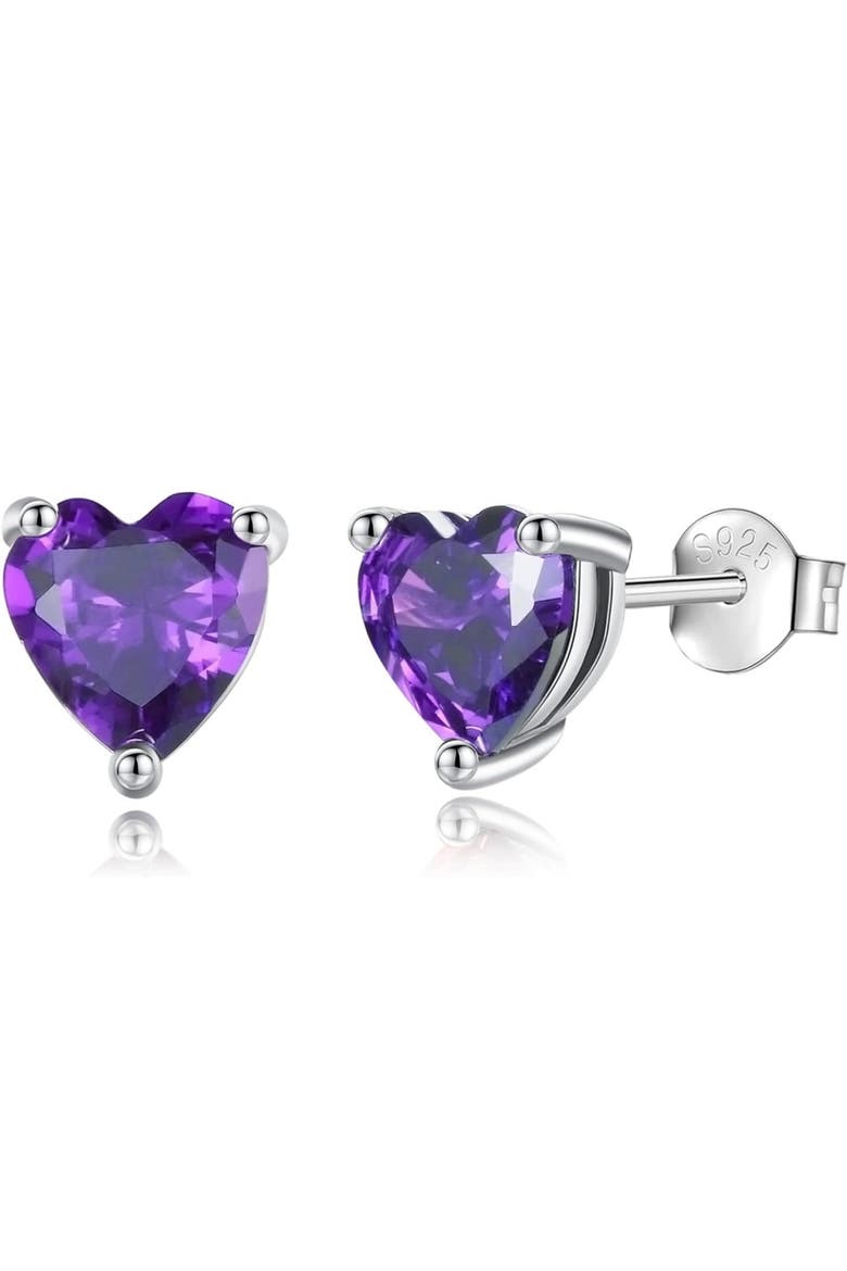 Solid Sterling Silver Created Gemstone Heart Stud Earrings, Main, color, Purple Amethyst