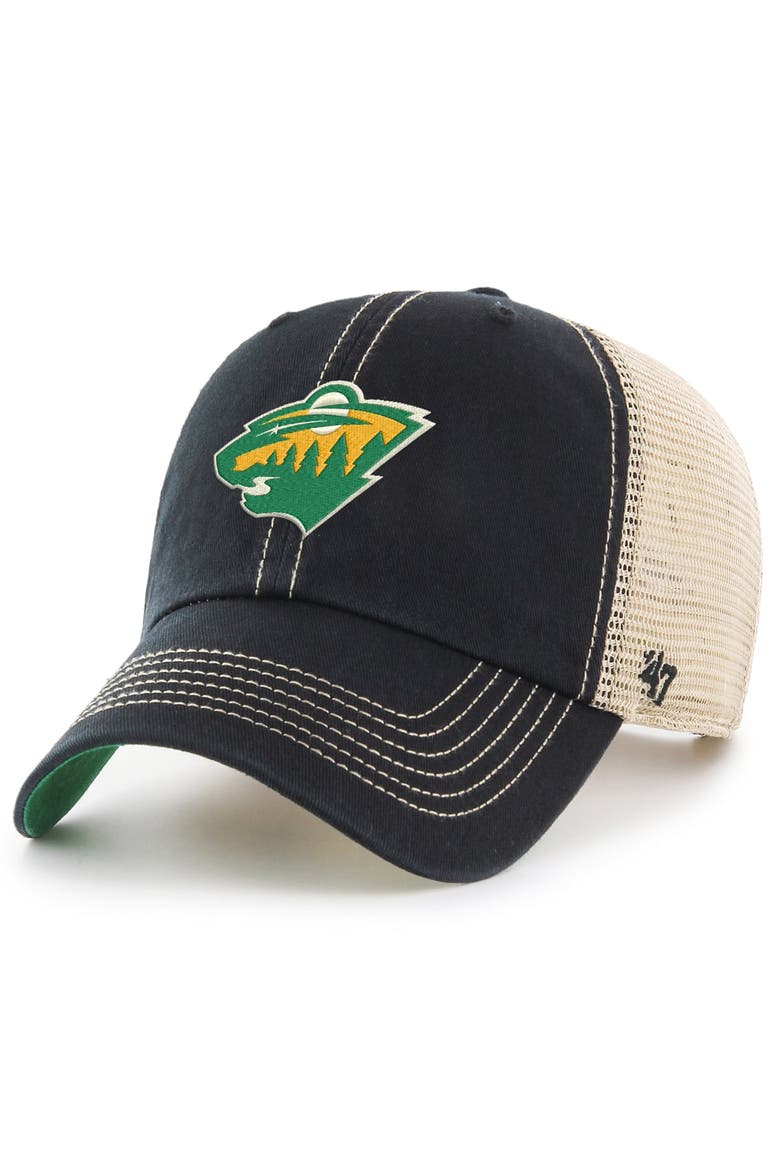 Men's '47 Black/Natural Minnesota Wild Trawler Alternate Clean Up Trucker Adjustable Hat, Main, color, Black