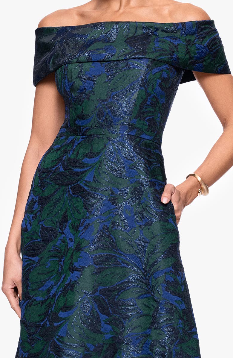 Xscape Evenings Off the Shoulder Brocade Ballgown, Alternate, color, Navy / Green