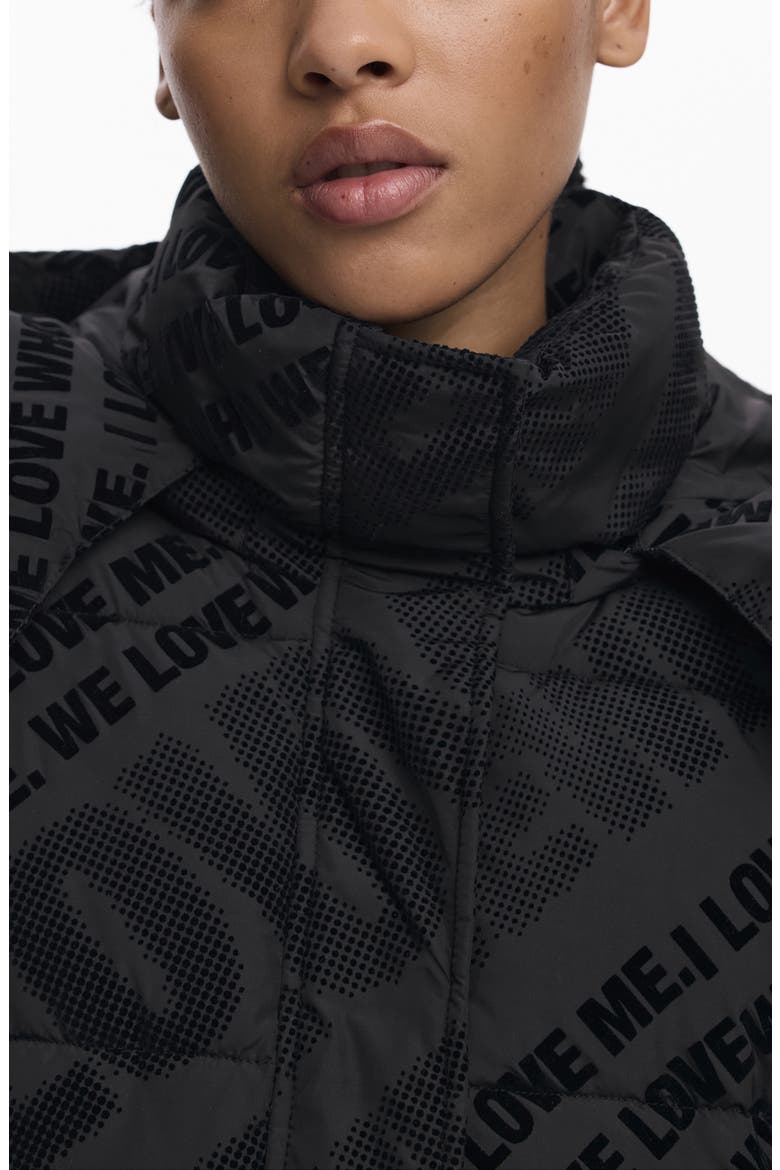 Flocked Print Quilted Puffer Jacket with Removable Hood, Alternate, color, BLACK