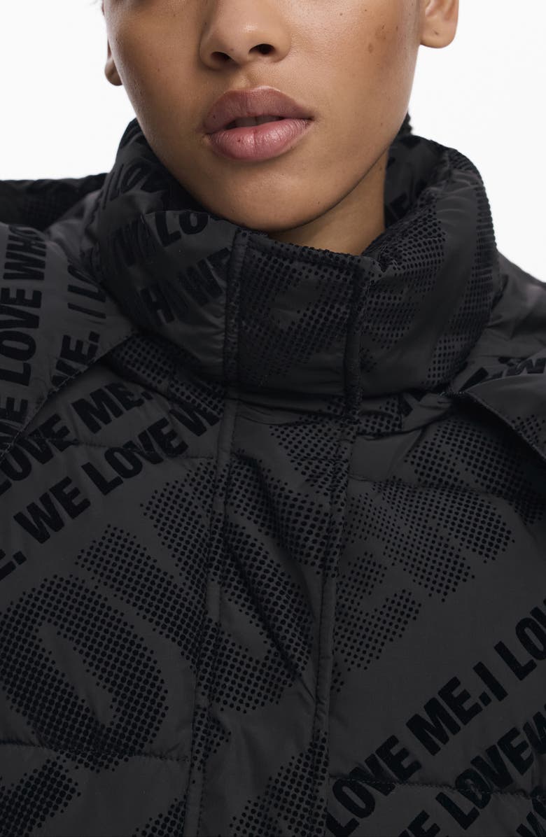 Desigual Flocked Print Quilted Puffer Jacket with Removable Hood, Alternate, color, Black