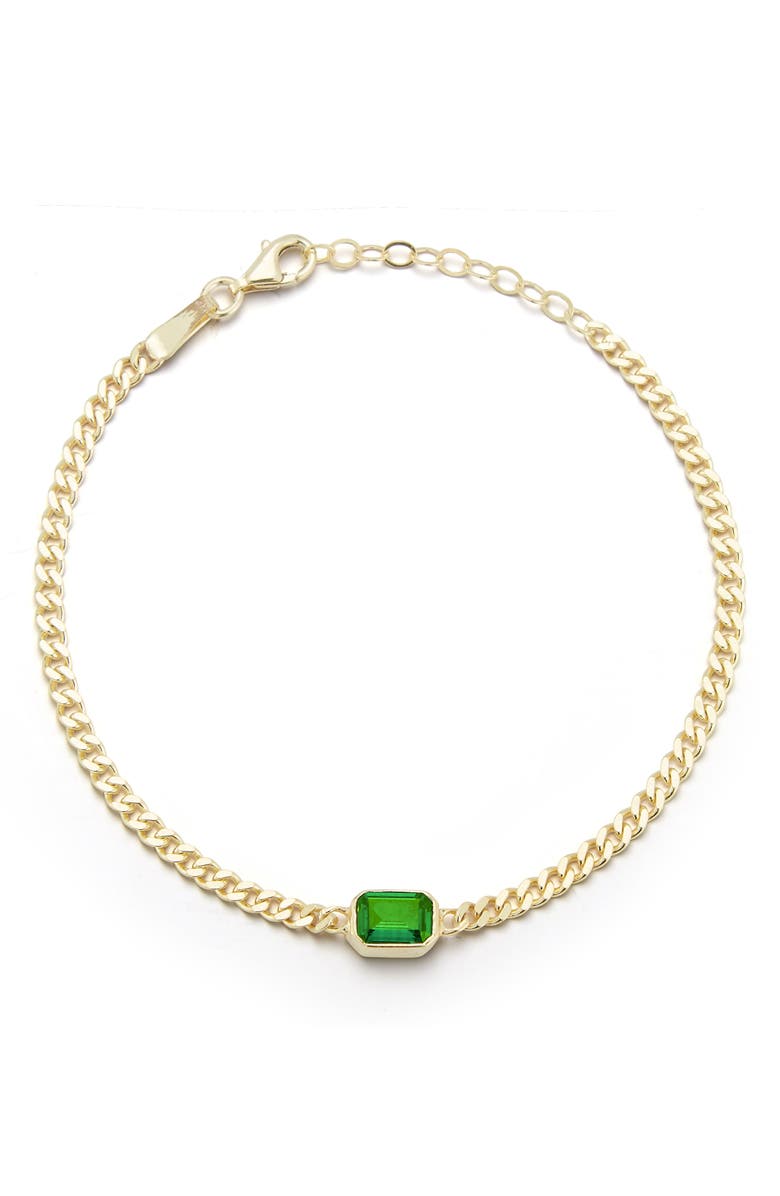 SPHERA MILANO 14K Gold Plated Sterling Silver Emerald Cut CZ Curb Chain Bracelet, Main, color, Yellow Gold / Green