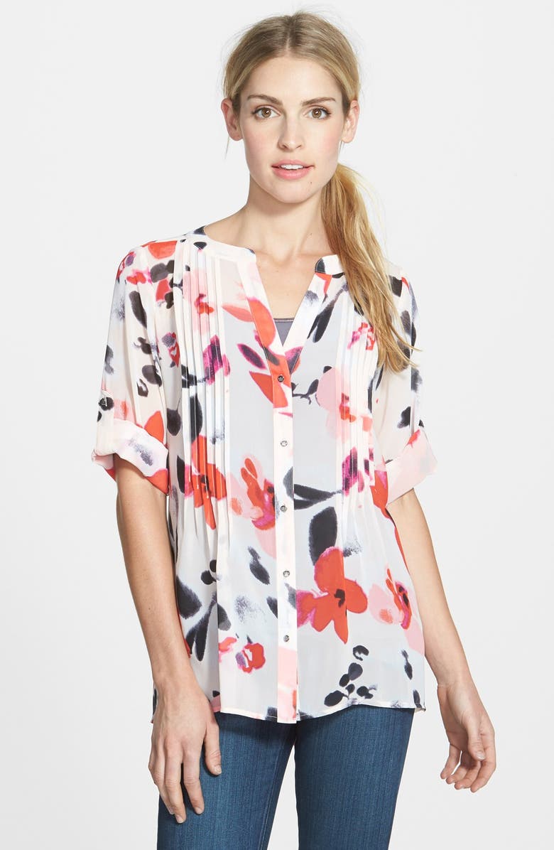 Chaus 'Fanciful Floral' Roll Sleeve Pintuck Blouse, Main, color, 