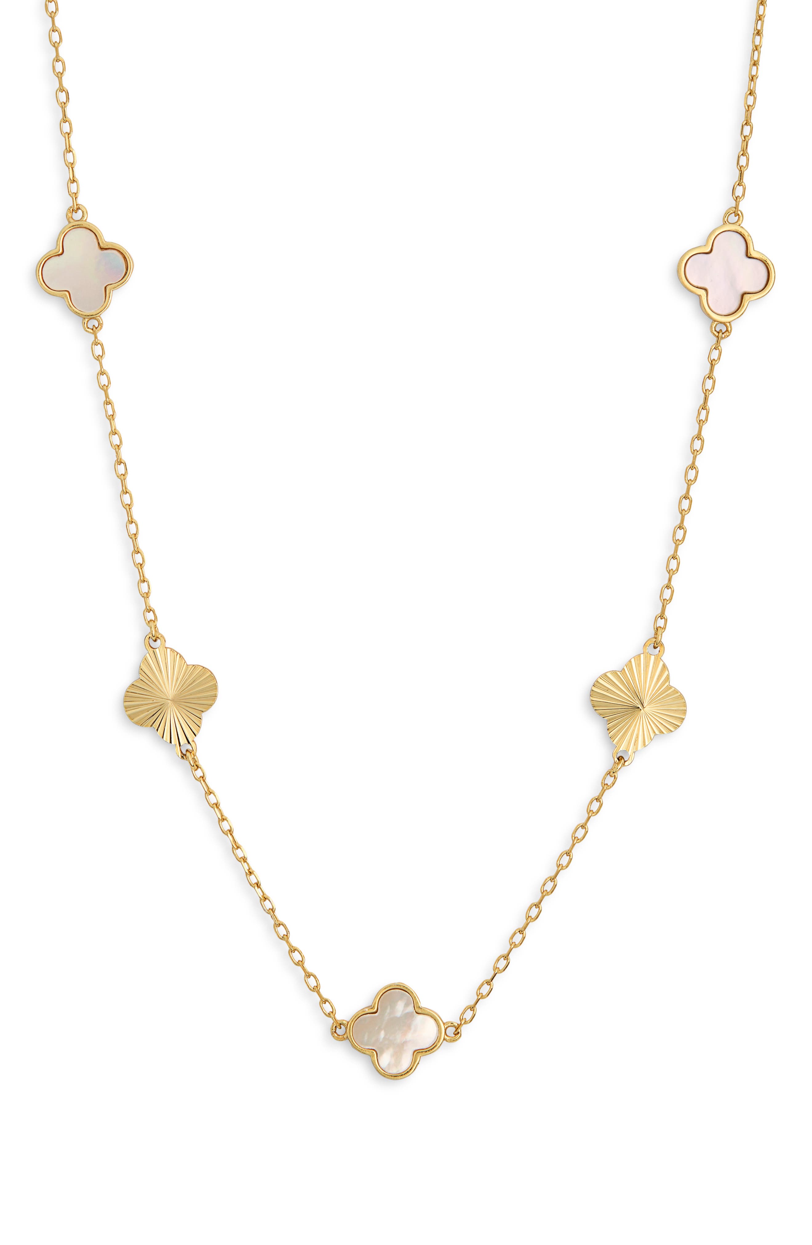 Argento Vivo Sterling Silver 18K Gold Plated Sterling Silver Mother-of-Pearl Clover Station Necklace