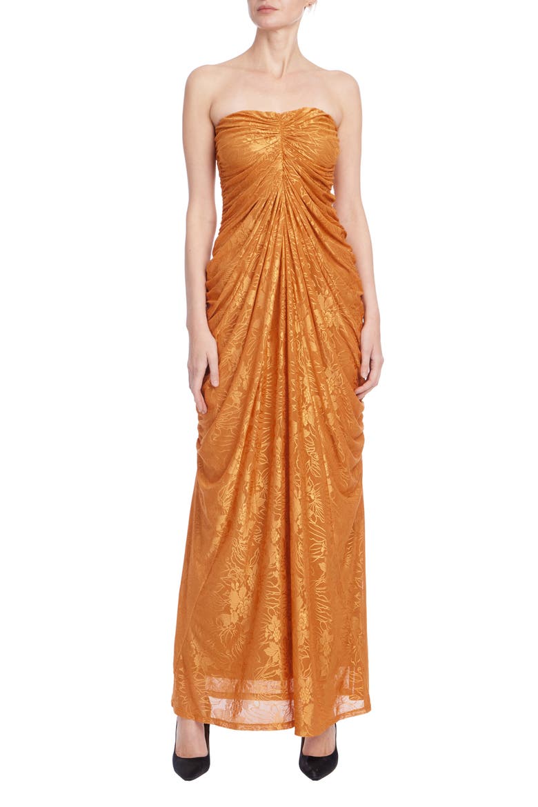 Floral Mesh Strapless Gown, Main, color, CARAMEL
