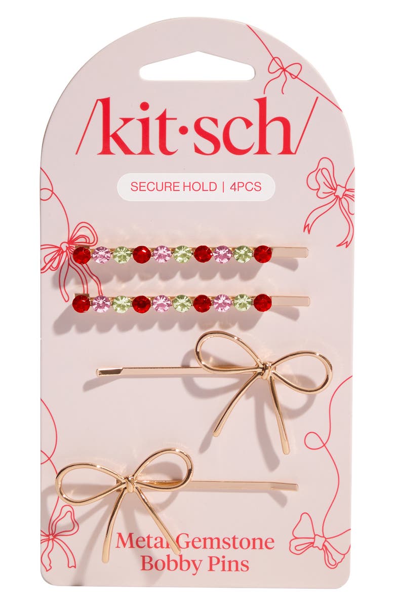 Kitsch 4-Pack Rhinestone & Bow Bobby Pins, Alternate, color, Gold
