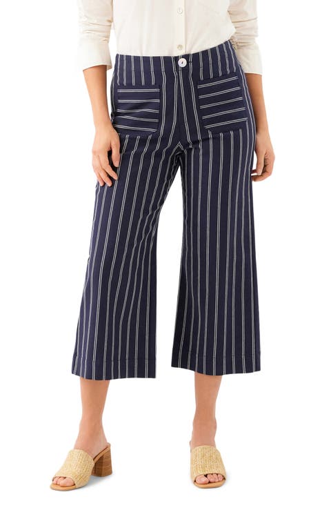 Stripe Cotton Blend Crop Wide Leg Pants