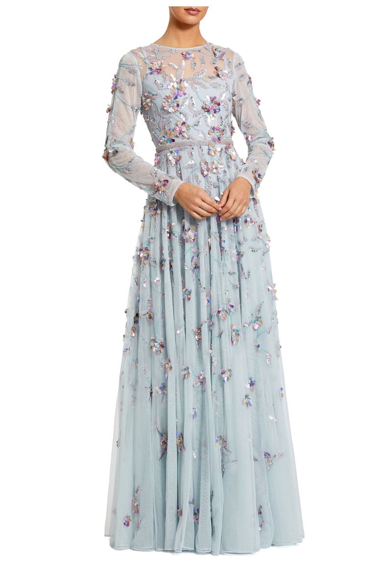 Mac Duggal Long Sleeve Floral Embellished Evening Gown, Main, color, Seafoam Multi
