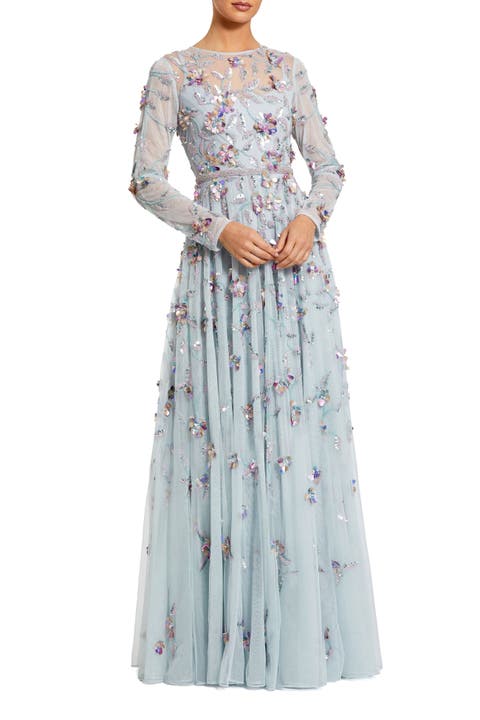 Long Sleeve Floral Embellished Evening Gown