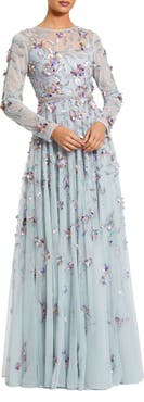 Mac Duggal Long Sleeve Floral Embellished Evening Gown